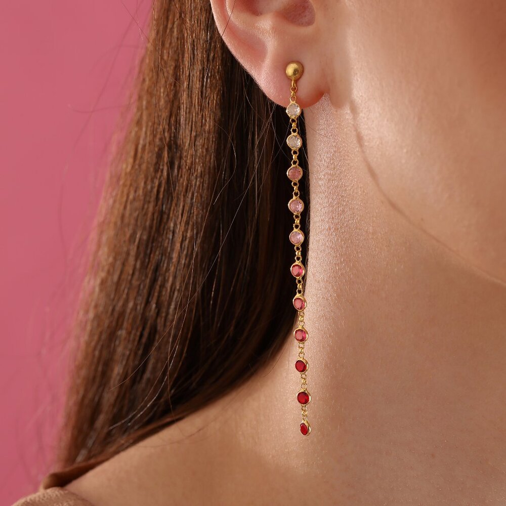Emerald Cascade Earrings Red Stone 14K Gold Filled Hand Chain Earrings 925K Silv